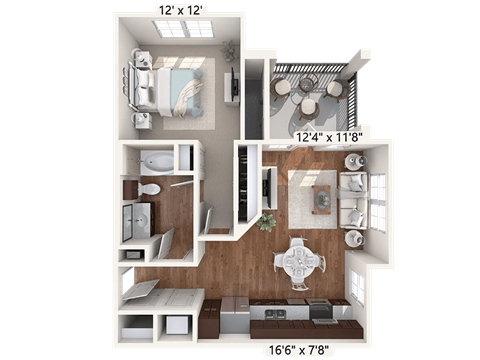 Floor plan for 1 bed, 1 bath, 683 sqft